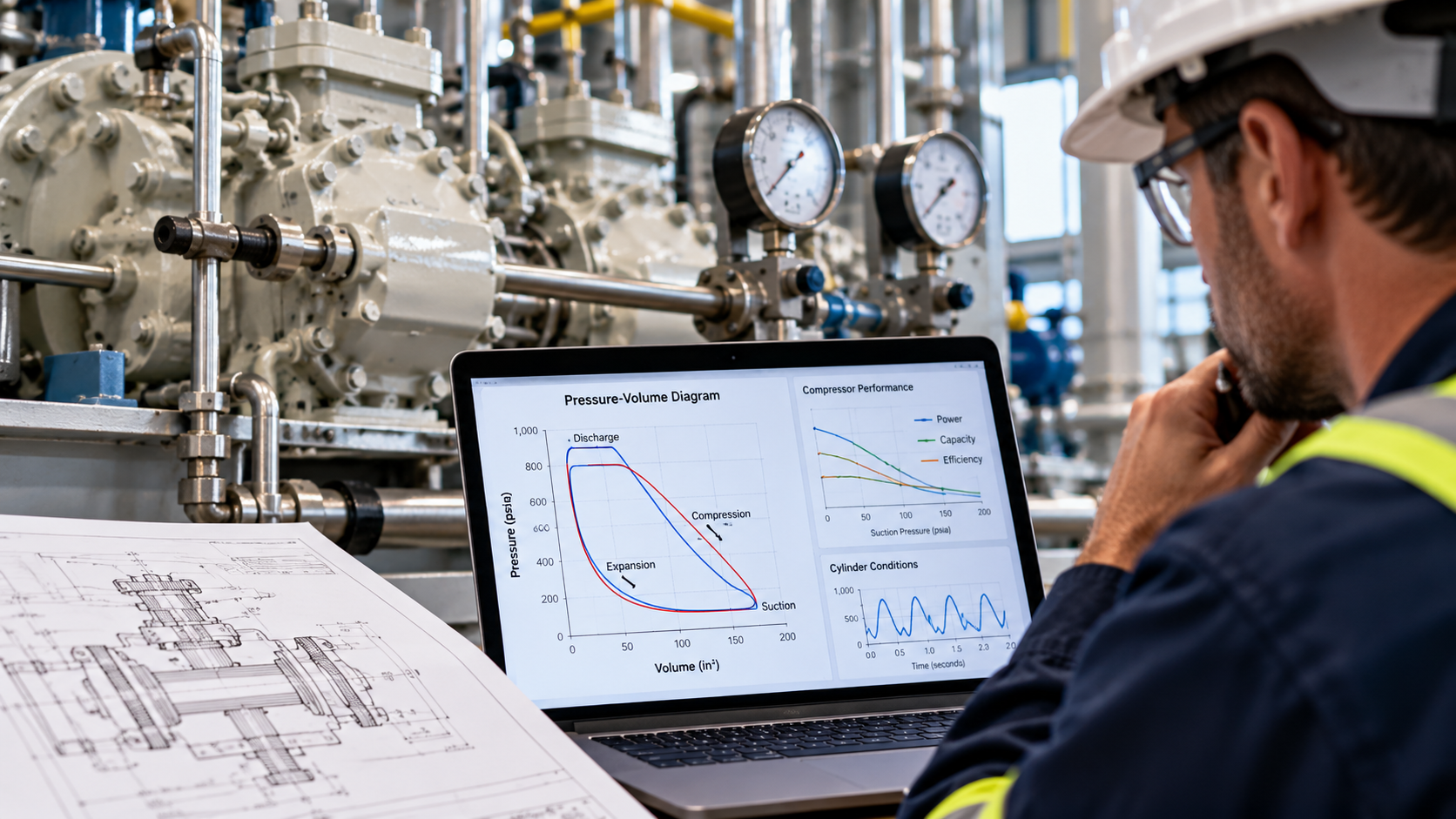 Engineer analyzing reciprocating compressor performance data and pressure-volume relationships