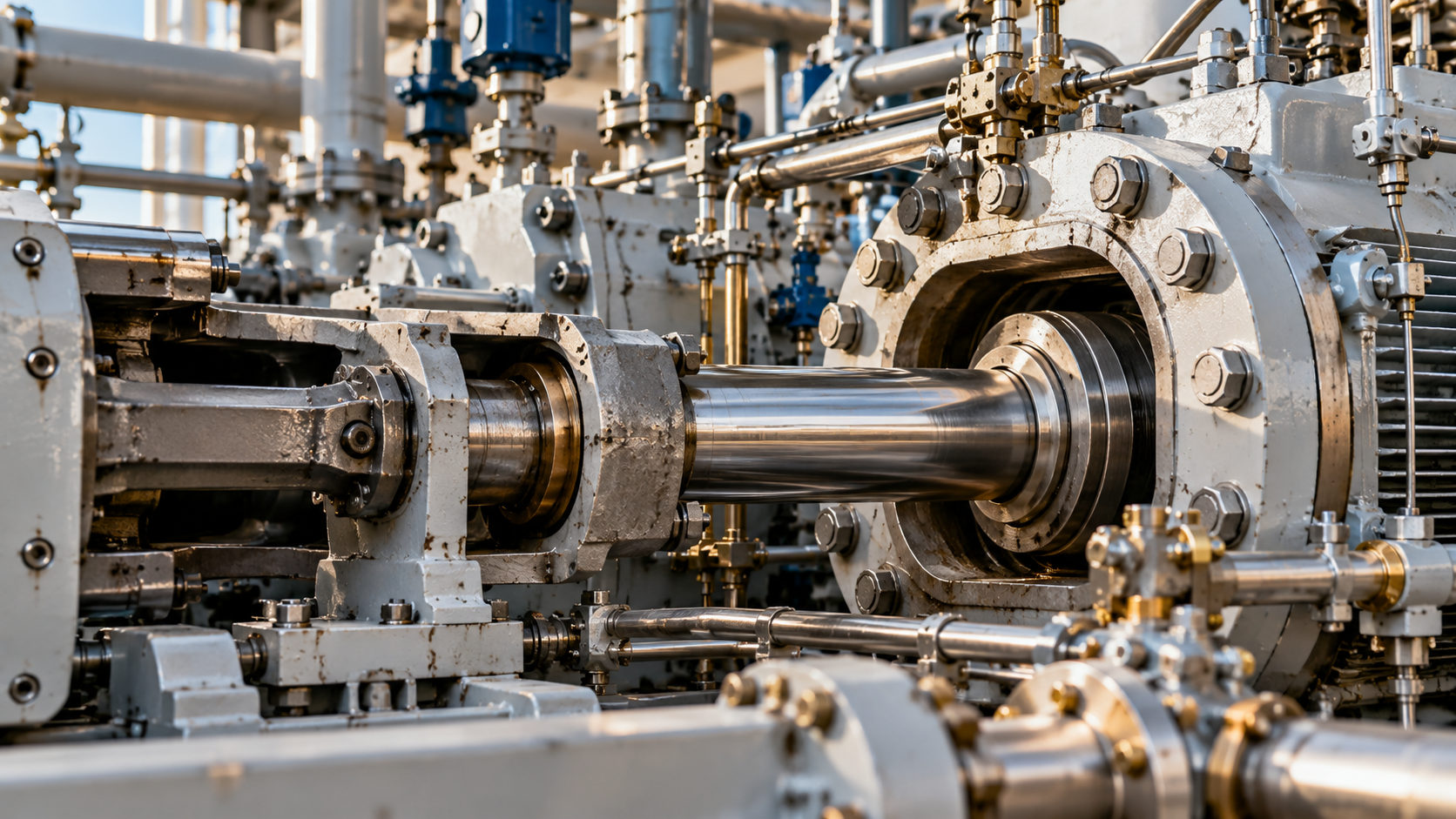 Close-up of reciprocating compressor components and piston rod